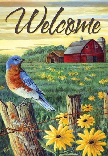 Welcome, Blue Bird on Fence <br> 30 x 40cm Square Diamonds